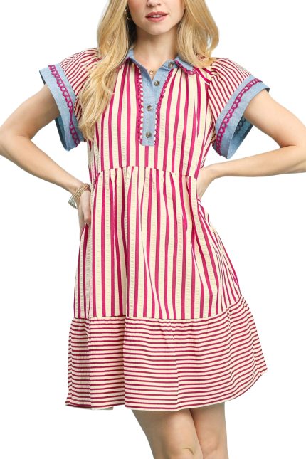 Mixed Stripe Flutter Sleeve Tiered Babydoll Top
