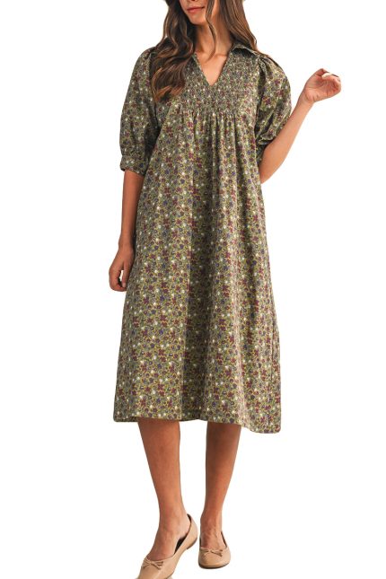 Ditsy Floral Smock Babydoll Midi Dress