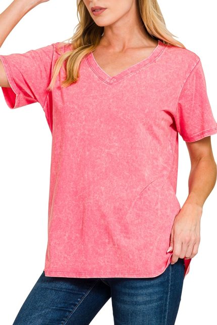 Washed Short Sleeve V-neck Top