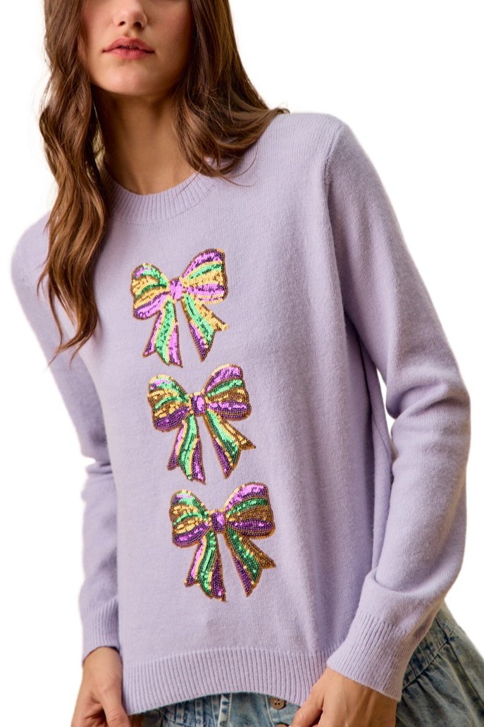 Mardi Gras Sequins Ribbon Embellished Sweater Top