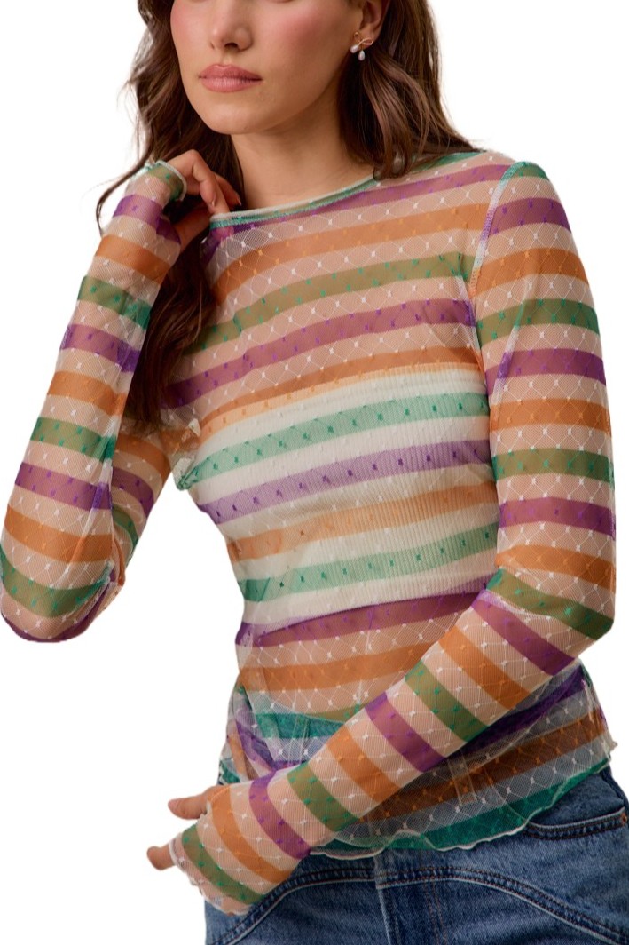Mardi Gras Color Stripe Stretch Mesh Top