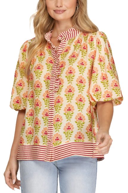 Ruffled Neck Printed Top