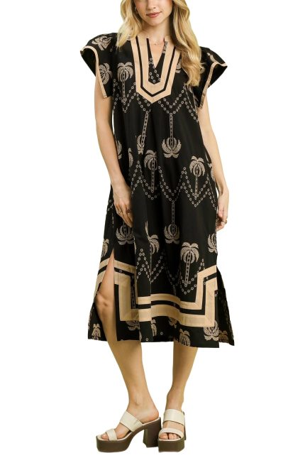 Palm Tree Embroidered Midi Dress