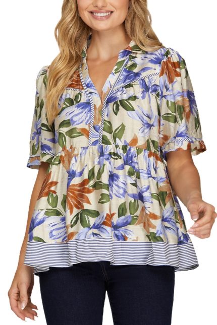 Short Sleeve Collared Printed Top