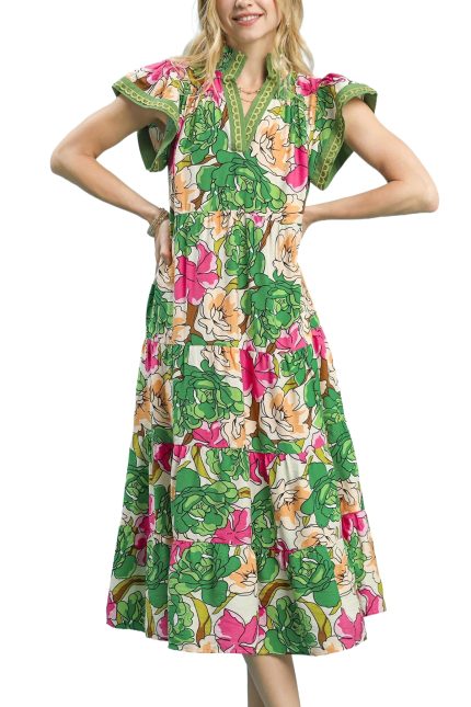 Mix Bold Floral Tiered Midi Dress