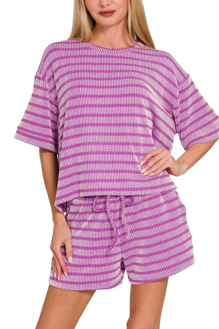 Raised Rib Striped Tee And Shorts Set