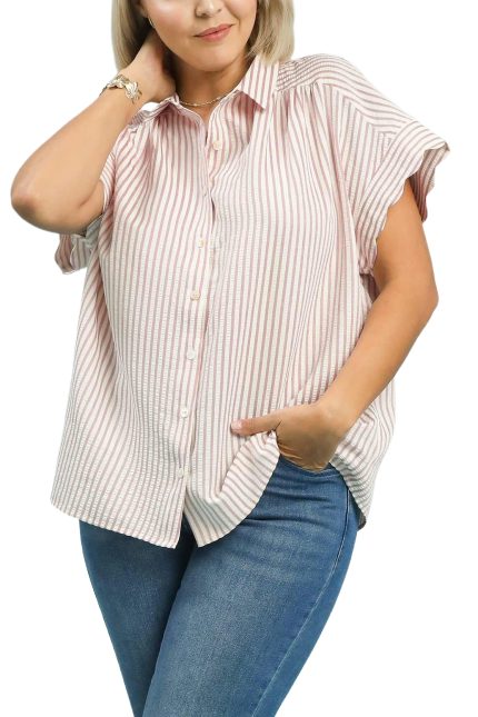 Striped Button-down Top With Scallop Sleeves