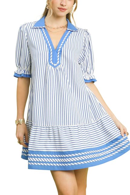 Striped Contrast Trim Tiered Mini Dress