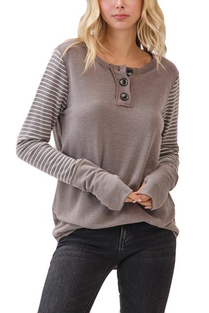 Stripe Contrast Button Front Pullover Top