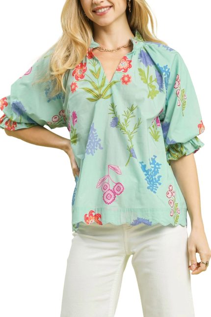 Exclusive Floral Puff Sleeve Scallop Hem Top
