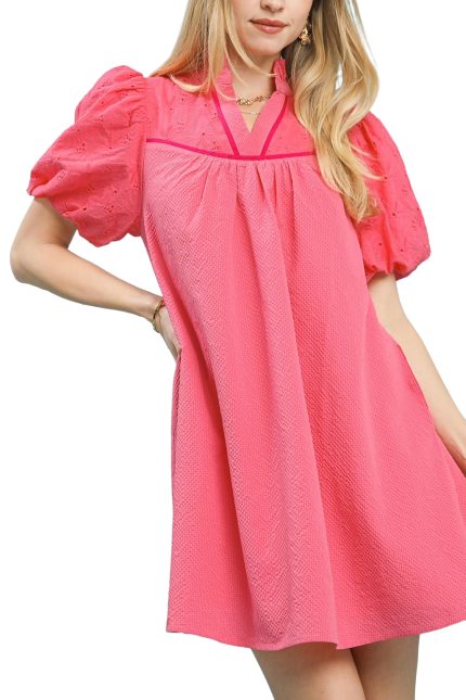 Puff Sleeve Textured Babydoll Dress