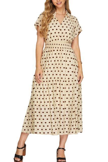 Polka Dot Print Collared Waist Smocking Midi Dress