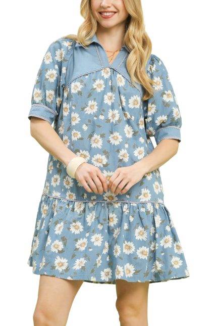 Chambray Print Tiered Mini Dress