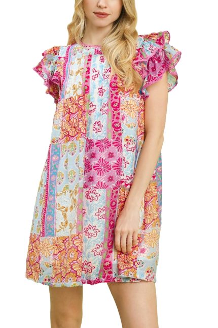 Mix Patchwork Flutter Sleeve Mini Dress