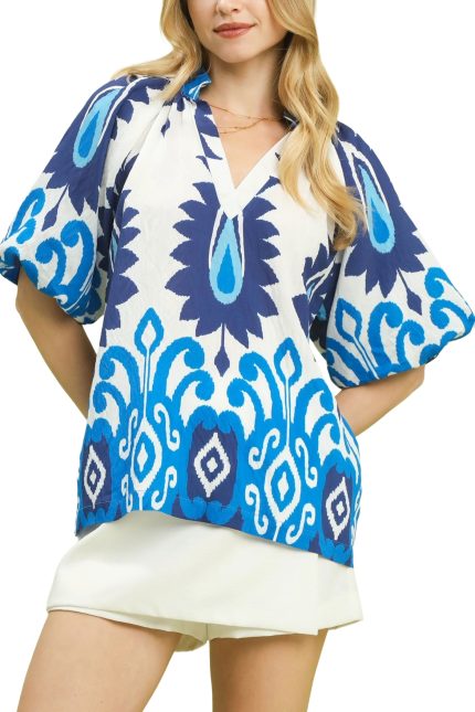 Mix Bold Ikat Print Puff Sleeve Top