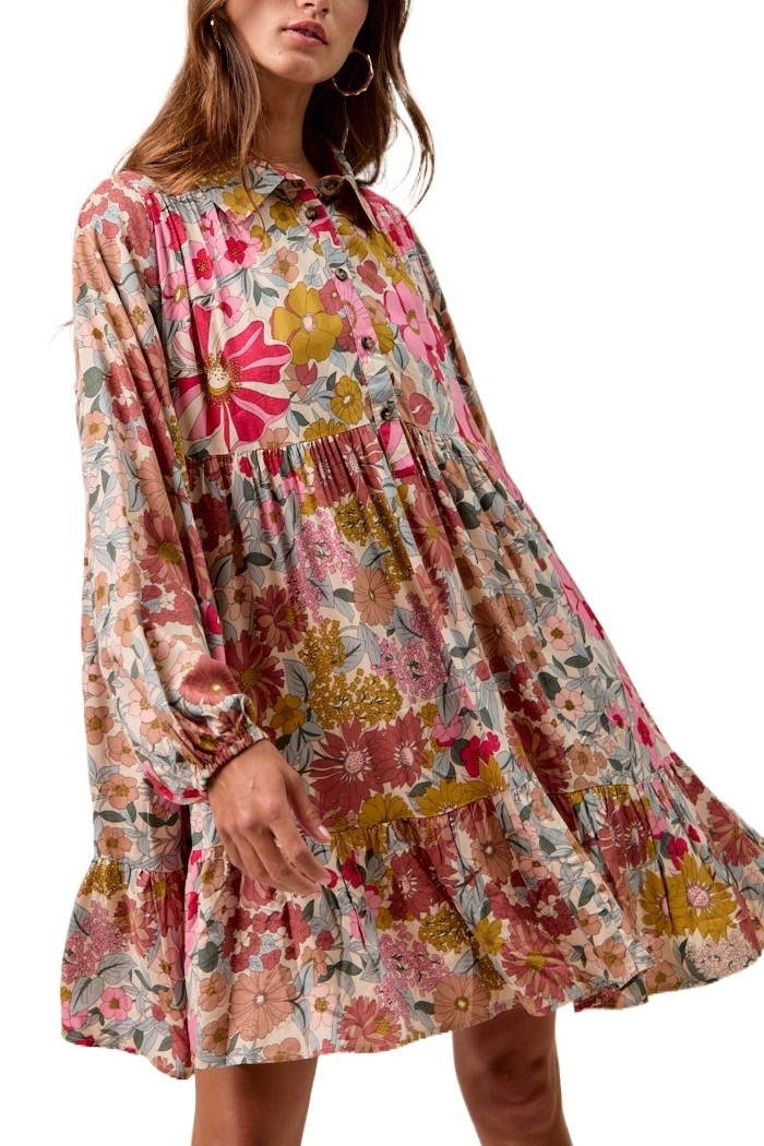 Floral Print Shirring Buttoned Tiered Shirt Dress