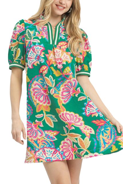 Jacquard Paisley Print Puff Sleeve Tunic Dress