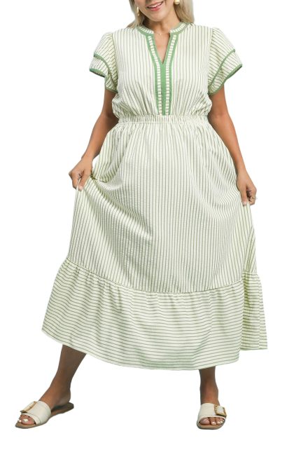 Plus Striped Flutter Sleeve Midi Dress