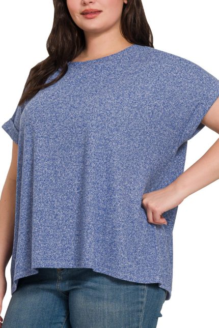 Plus Soft Melange Short Sleeve Round Neck Top