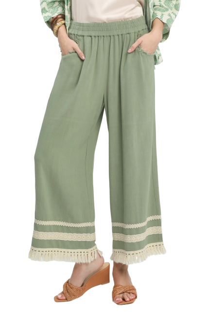 Lace Trim Fringe Hem Wide Leg Pants
