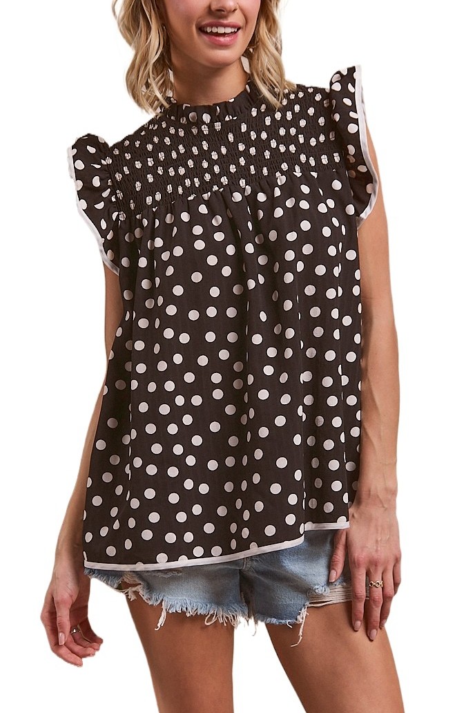 Dot Printed Smocking Yoke Top