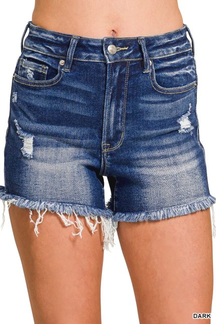 Dark Washed Raw Frayed Hem Denim Shorts