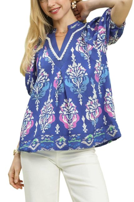 Mix Printed Split Neck Boho Top
