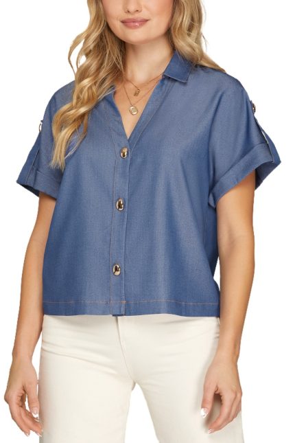 Drop Shoulder Roll Tap Sleeve Woven Shirt Top