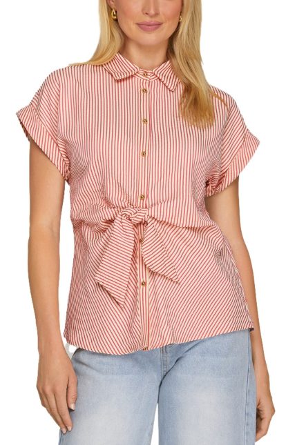 Drop Short Sleeve Woven Striped Tie Front Button Down Shirt