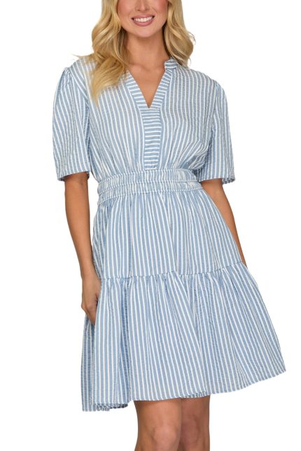 Short Sleeve Striped Woven Mini Dress