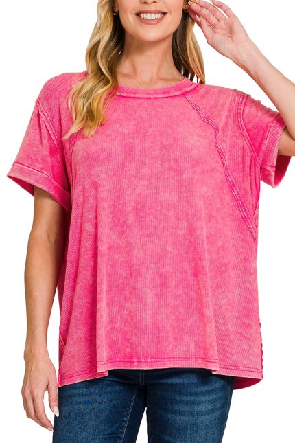 Washed Ribbed Cuffed Short Sleeve Round Neck Top