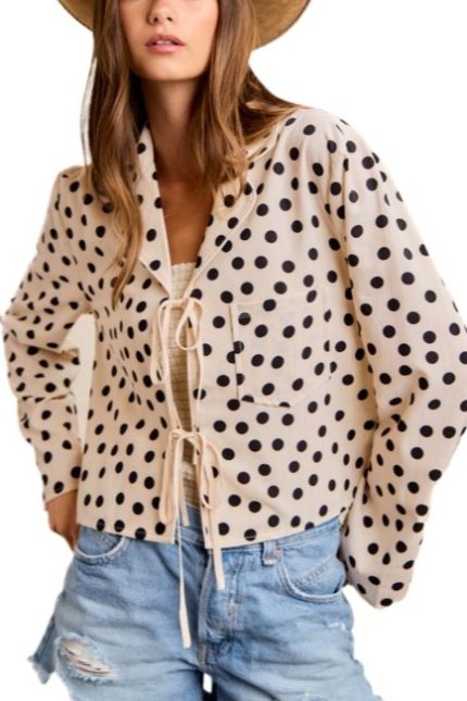 Polka Dot Tie Front Detail Collared Top
