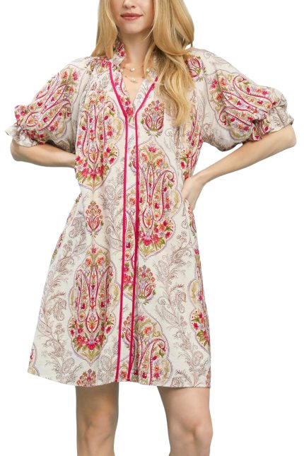 Mix Paisley Puff Sleeve Button-front Dress