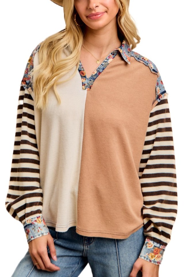 Cut Edge Floral Denim Waffle Mix And Match Top