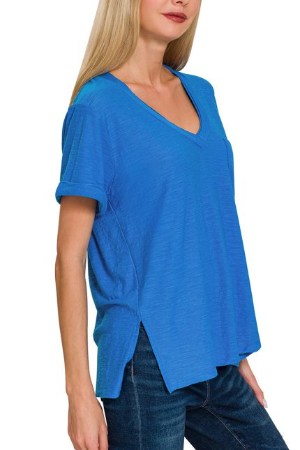 Slub Rolled Short Sleeve V-neck Tee
