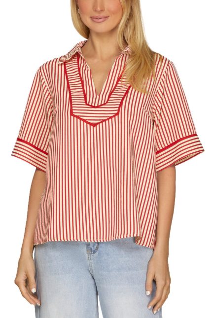 Collared Striped Woven Top