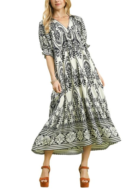 Two Tone Boarder Print Midi Dress