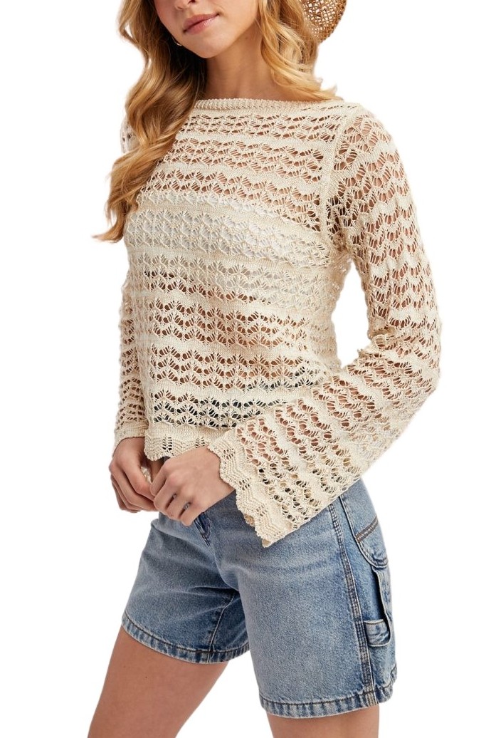 Scalloped Hem Pointelle Open Knit Sweater