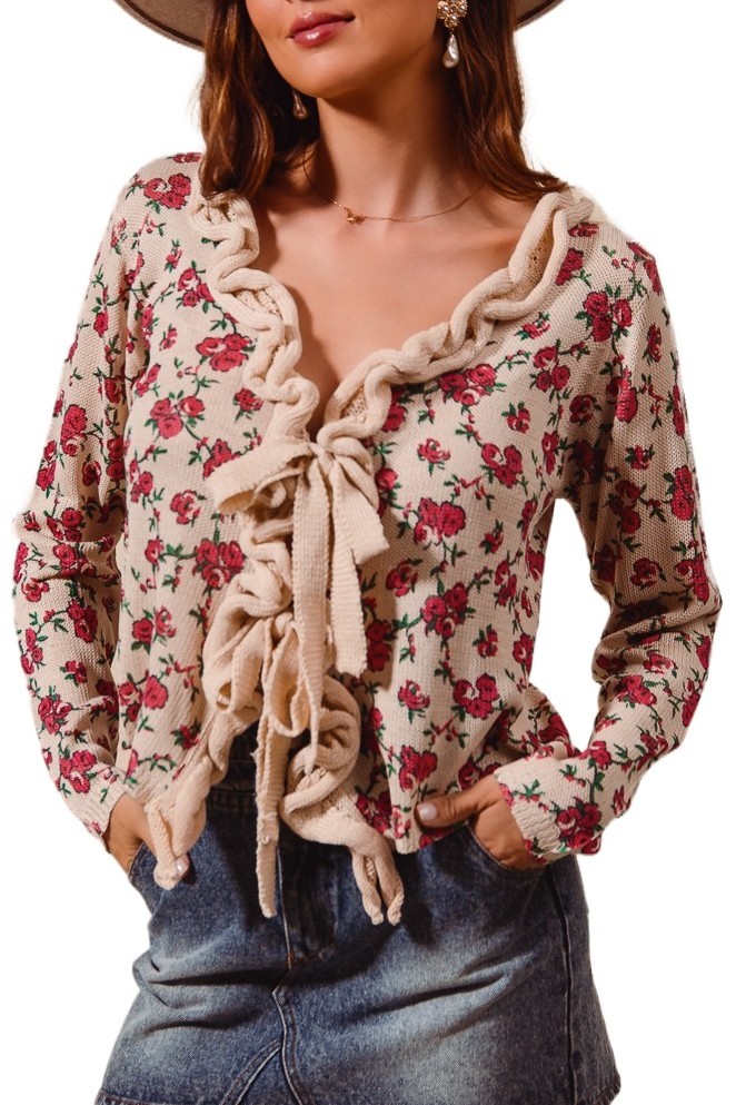 Floral Lightweight Sweater Tie Front Cardigan