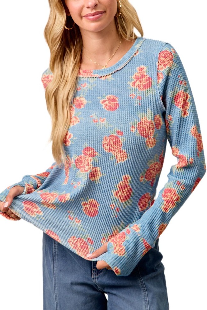 Floral Print Washed Waffle Thermal Top