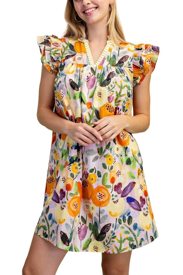 Floral Print Ruffled Neck Mini Dress