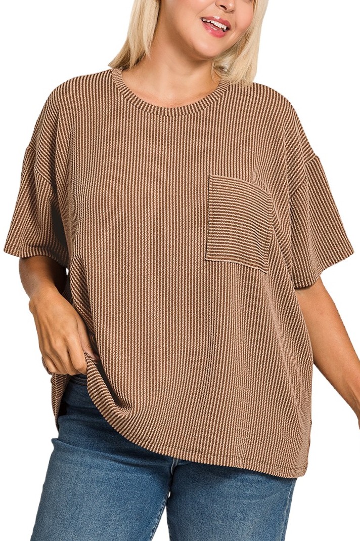 Plus Raised Rib Short Sleeve Front Pocket Top