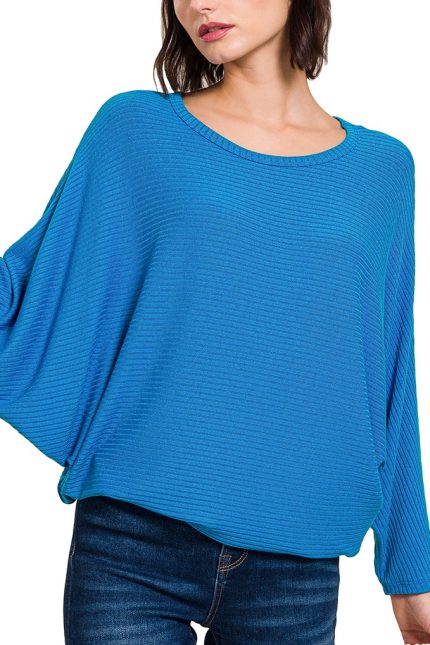 Ribbed Batwing Long Sleeve Boat Neck Sweater