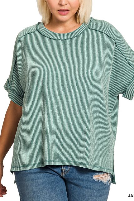 Plus Corded Rib Cuff Sleeve Raw Edge Top