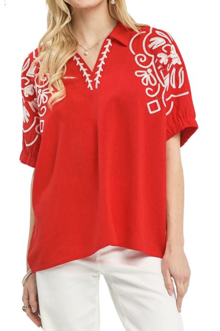 Embroidered Short Sleeve Blouse