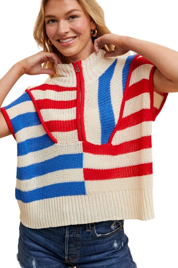 Multi Stripe Half Zip-up Dolman Sleeve Sweater Top