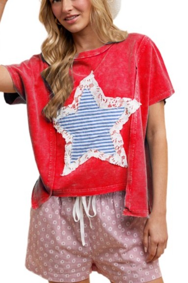 Mineral Washed Usa Stripe Star Lace Patch Knit Top