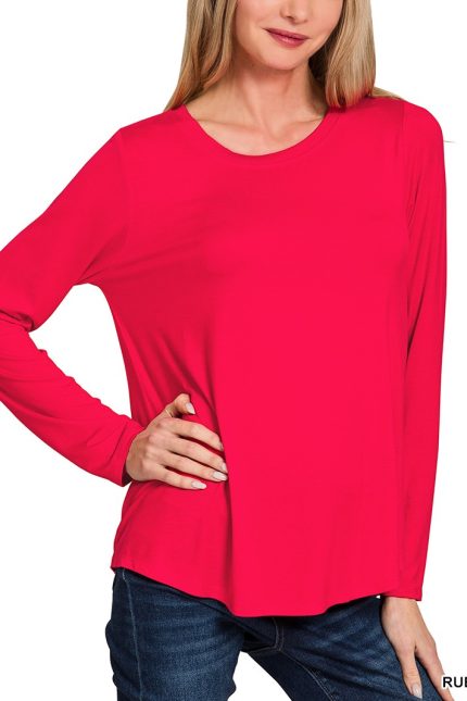 Flowy Round Hem Rayon Long Sleeve Top
