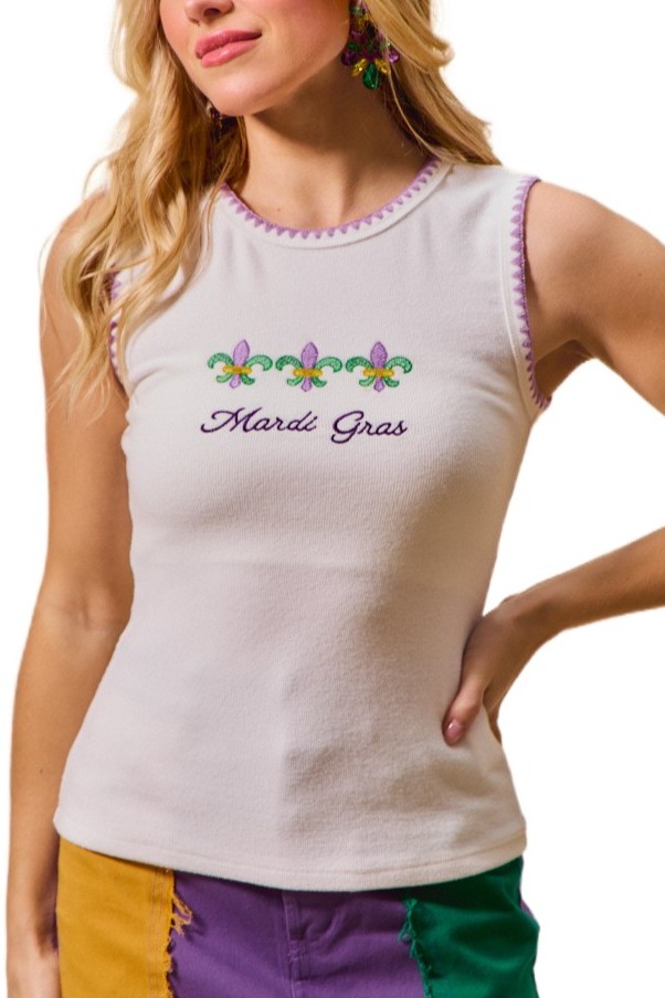 Mardi Gras Embroidered Tank Contrast Stitch Top