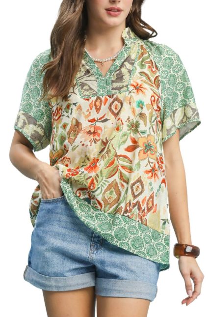 Mixed Print V-neck Short Sleeve Top